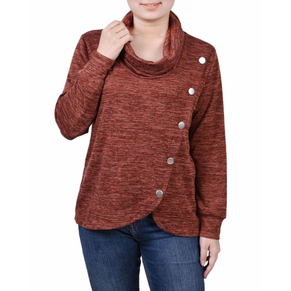 NY Collection Petite Size Long Sleeve Overlapping Cowl Neck Top
